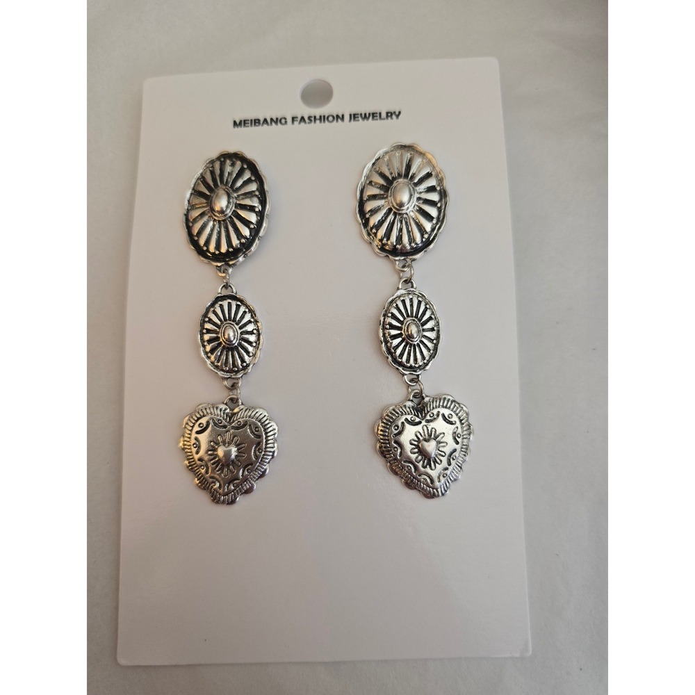 Meibang Silver Tone Concho Heart Tiered Drop Earrings Boho Western Statement NWT